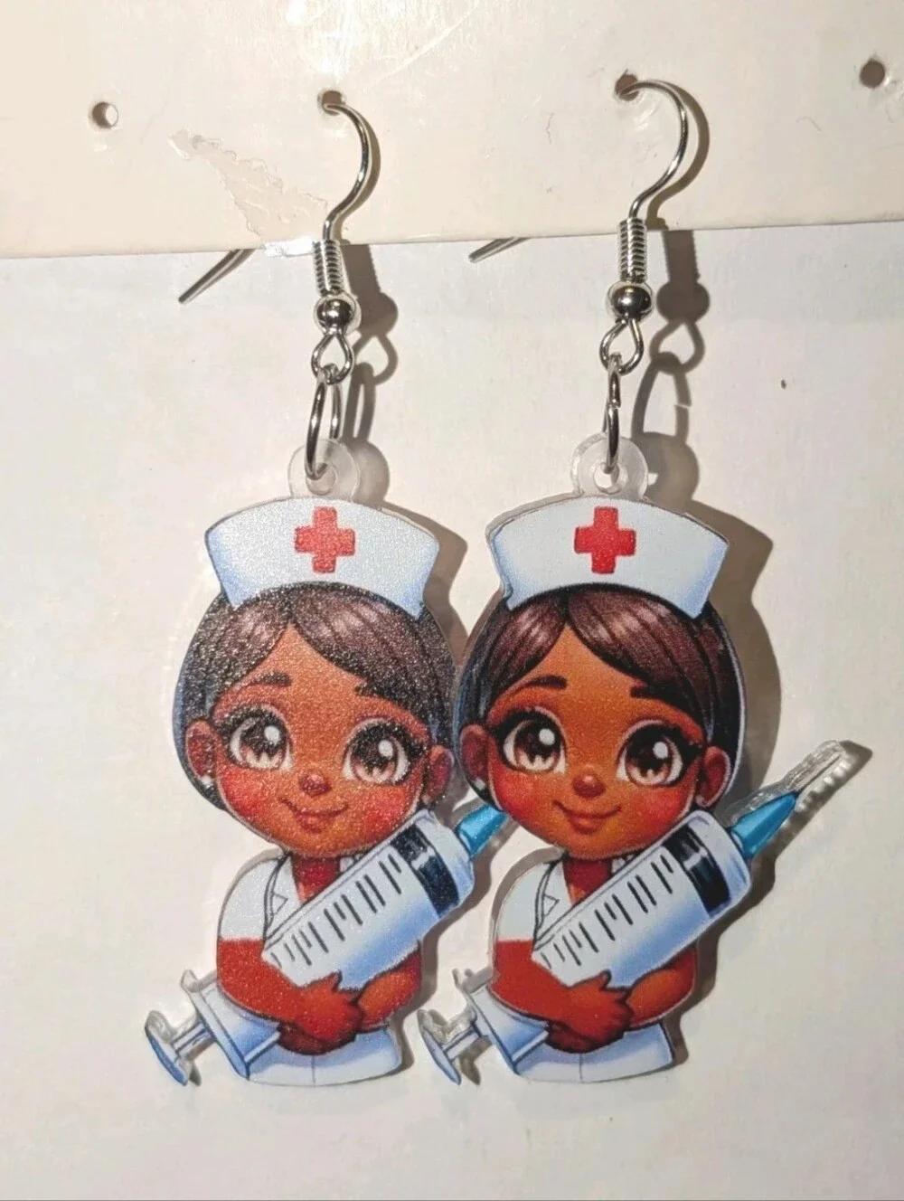 Hand Crafted Cute Nurse Acrylic Dangle Earrings - Brown Skin, White & Red